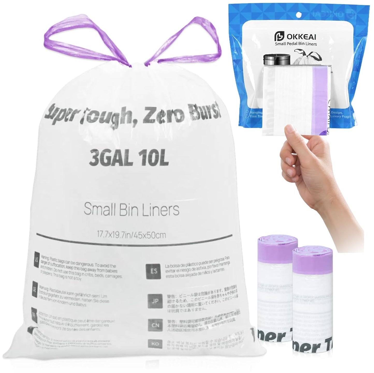 OKKEAI (2.6 Gallon) 3 Gallon Small Trash Bags with Drawstring, 64 Count Printed Bathroom Garbage Bags – Leak-Proof Tear-Resistant Wastebasket Liners for Bathroom, Kitchen, Office