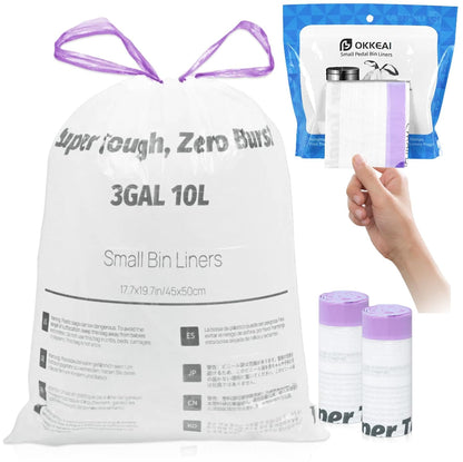 OKKEAI (2.6 Gallon) 3 Gallon Small Trash Bags with Drawstring, 64 Count Printed Bathroom Garbage Bags – Leak-Proof Tear-Resistant Wastebasket Liners for Bathroom, Kitchen, Office
