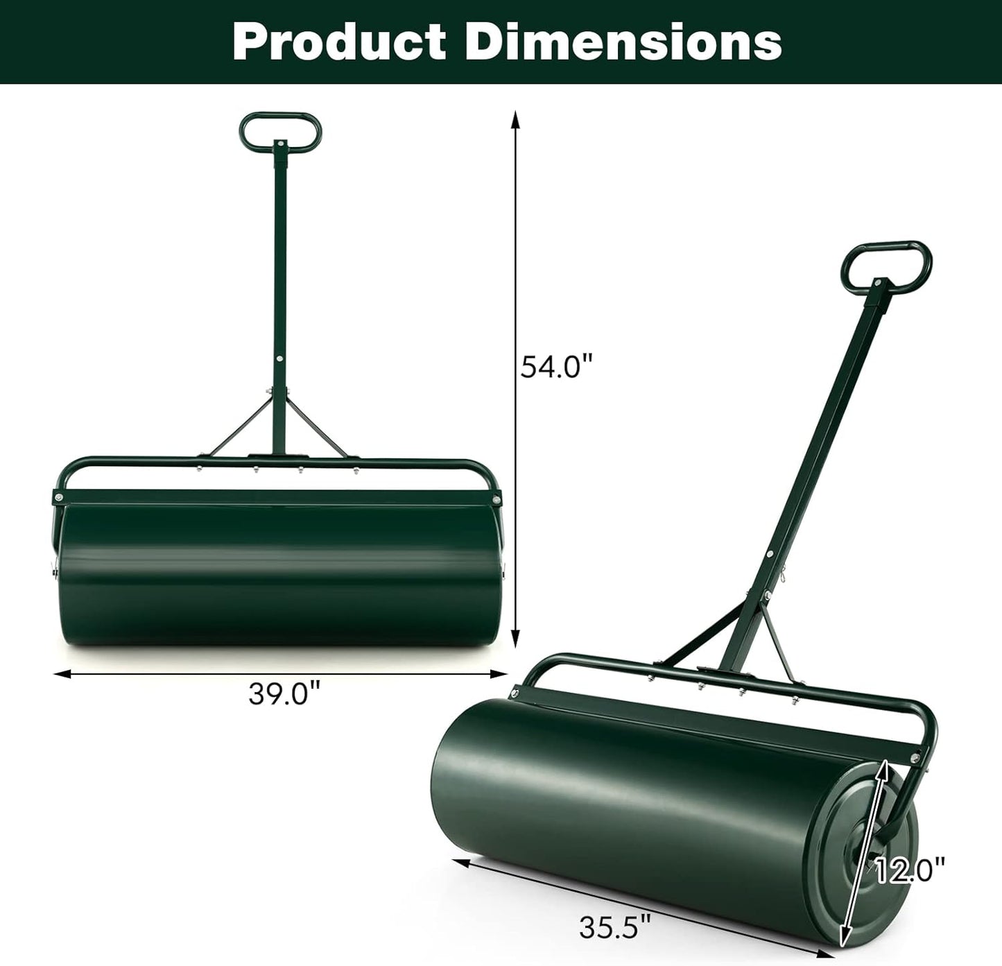 IRONMAX Lawn Roller, 17 Gallons/63 L Manual & Tow-Behind Steel Sod Roller w/Push Pull Handle, Lawn Rollers Tow Behind Water Filled for Yard, Park, Garden, Ball Field (17 Gallons, Green)