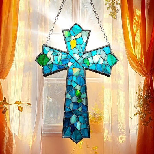 Cross Window Hanging Suncatcher Faux Stained Hummingbirds and Flowers for Women Elegant Home Wall