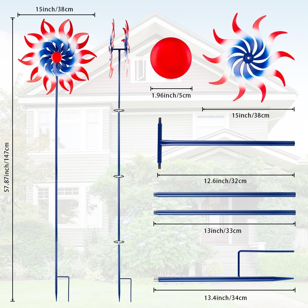 Wind Spinners Outdoor, 15 Inch Dia Metal Wind Sculpture & Spinner, Red White Blue Patriotic Kinetic Windmill for Garden Yard, 4th of July Independence Day Decor, 58" Tall