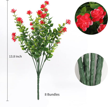 RECUTMS 12 Bundles Artificial Plants Artificial Eucalyptus Front Porch Decor Faux Spring Flowers, Fake Indoor Outdoor Greenery for Wedding Party Home Garden Fireplace Décor(Red)