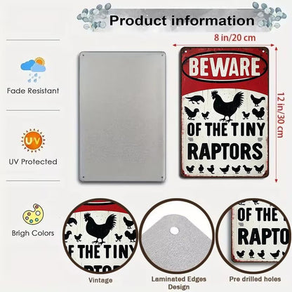 Funny Gifts for Women Chicken Lovers Farm Enthusiasts Beware of The Tiny Raptor Chicken Tin Sign for Chicken Coop Farm Kitchen Garden Yard Decor 8 X 12 Inch (3921)