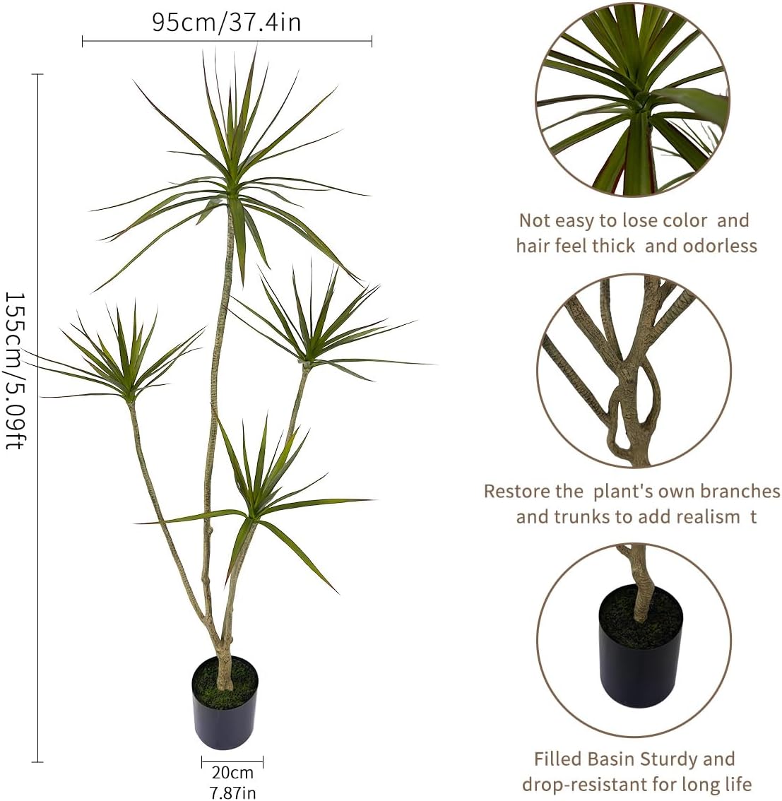 Artificial Dracaena marginata,5ft Tall Fake Plants Artificial Dracaena marginata Plants for Indoor, Fake Trees for Office Home Living Room Floor Patio Greening Porch Decor