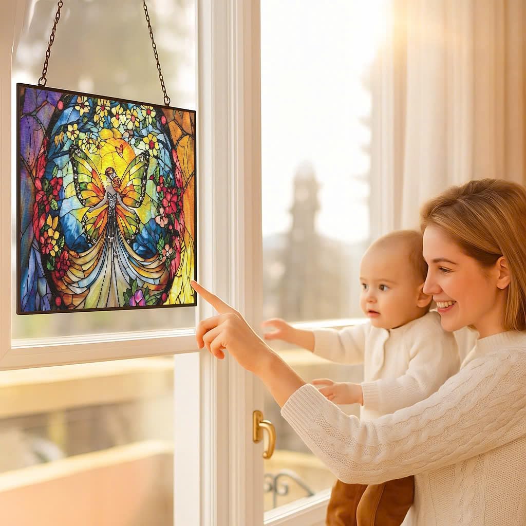 Personalized Rectangle Butterfly Fairy Stained Glass Suncatcher Stained Glass Window Hanging Home Decor Garden Halloween Christmas Wedding Housewarming Gifts