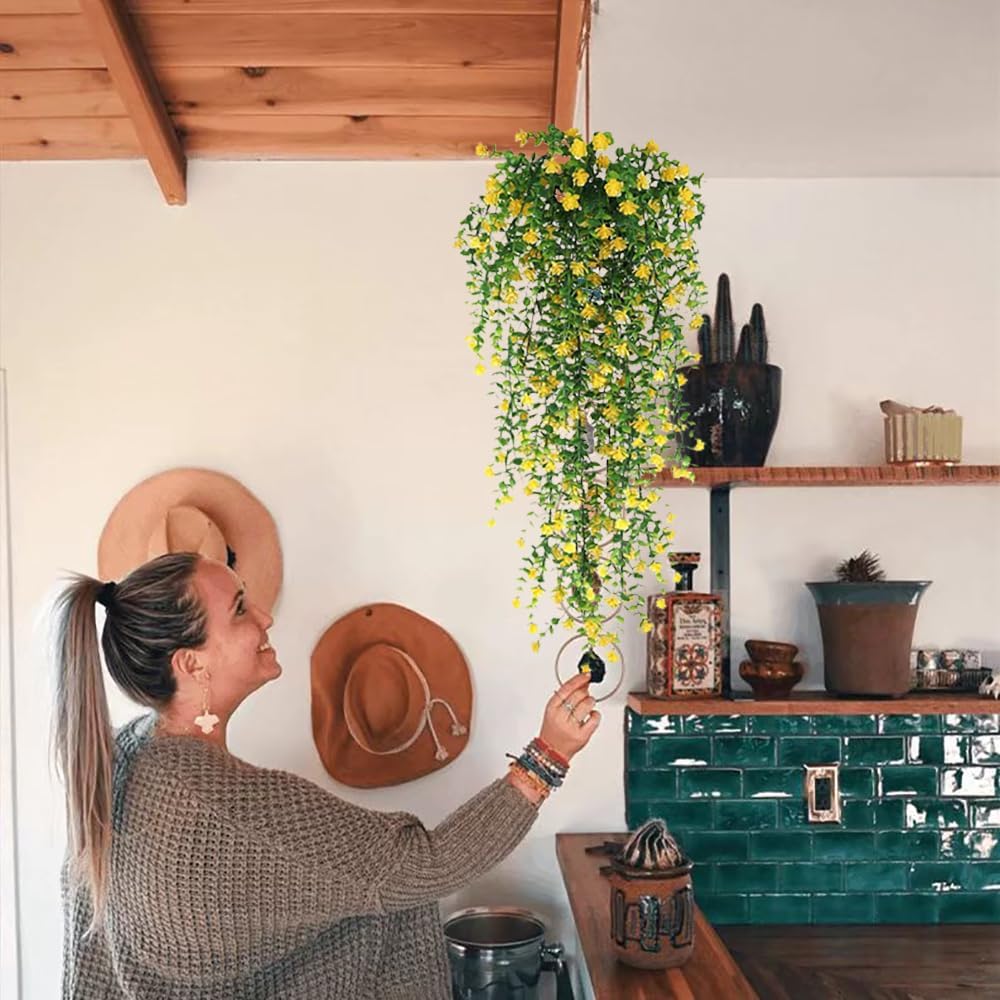 WEISPARK Artificial Hanging Flowers, 4pcs Fake Eucalyptus Vine Faux Flower Greenery Garland Plastic Plants for Indoor Outdoor Wall Garden Wedding Home Party Decor (Yellow)