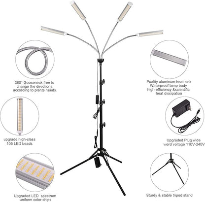 LED Grow Lights for Indoor Plants, 420 LEDs Full Spectrum Plant Lights for Indoor Growing with 15-63 inches Adjustable Tripod Stand, 4 Heads Floor Grow Lamp with 3/6/12H Auto On/Off Timer Function