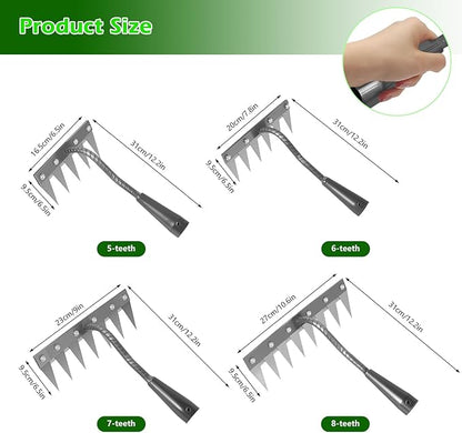 Iron Weeding Rake 2.0, New 5/6/7/8 Teeth Carbon Steel Garden Weeder Rakes, Weeder Puller Tool for Yard Lawn and Garden, Heavy Duty Metal Rake for Lawn, Flower Beds & Soil Aeration (6 Teeth)