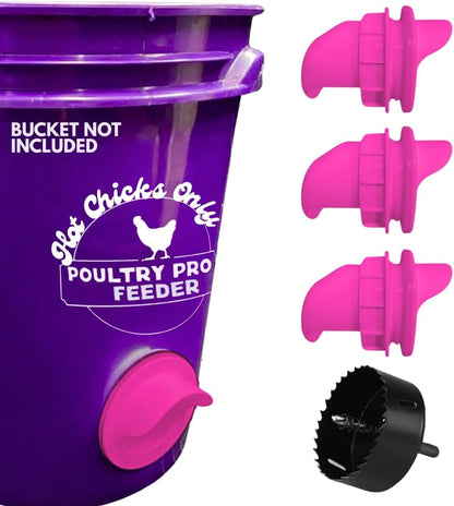 Hot Chicks Only | The Original Pink Poultry Pro Feeder DIY Port PVC Gravity Fed Chicken Feeder 3 Ports and Hole Saw | Rain Proof, Weather Resistant Chicken Feeder (Hot Chick Feeder Kit)