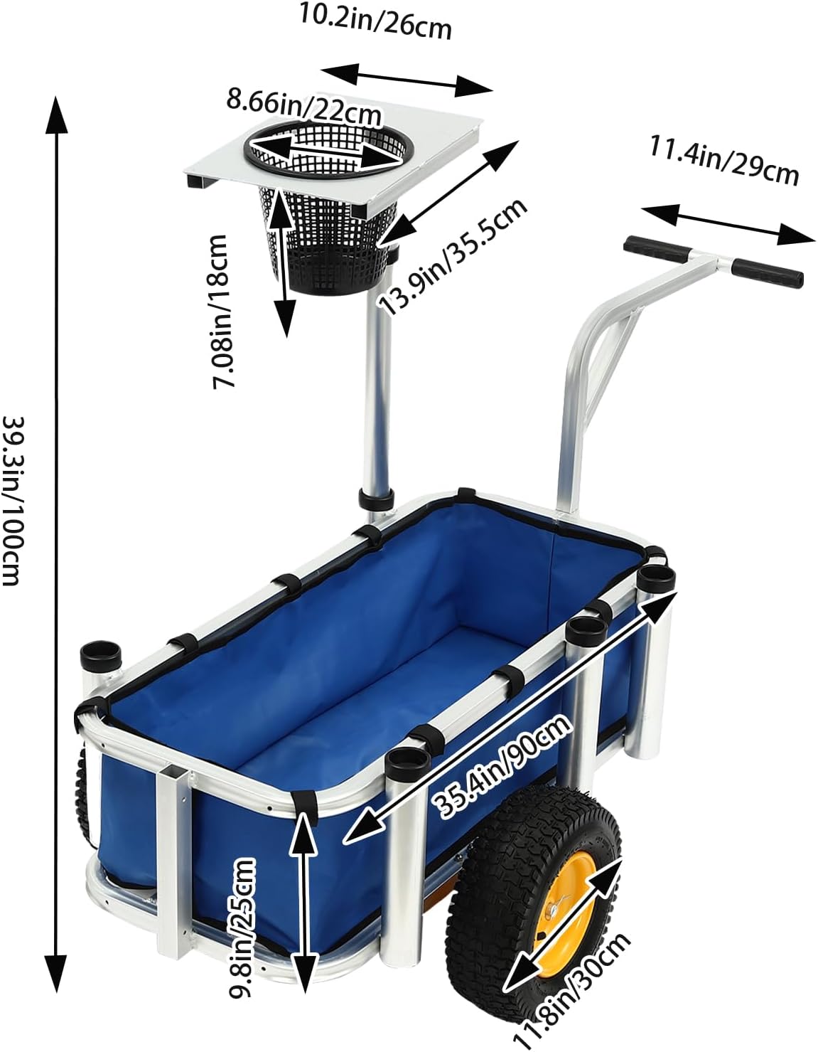 Outdoor Fishing Cart, Aluminum Frame and Trolley Folding Garden Beach Cart Outdoor Camper with 4 Holes and Wheels Capacity 176.4 lbs (Silver and Blue)