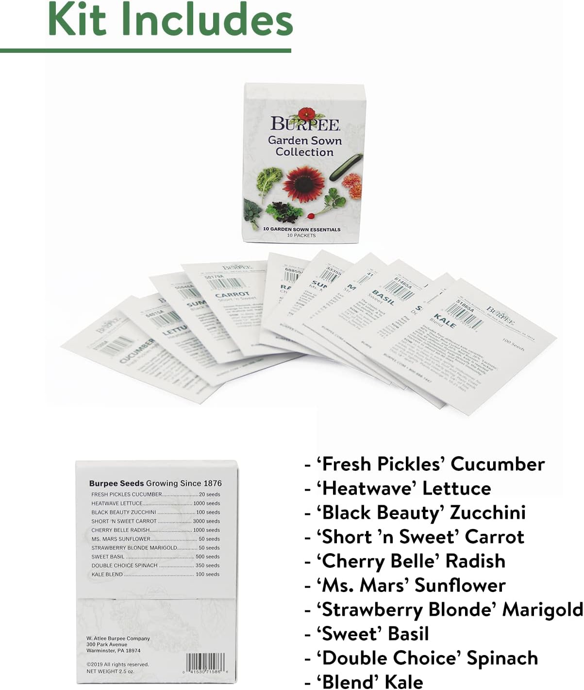 Burpee Garden Sown Flower, Herb & Vegetable 10 Packs of Non-GMO Basil, Lettuce, Cucumber, Radish, Spinach, Kale, Zucchini, Sunflower & Marigold, Seeds for Planting