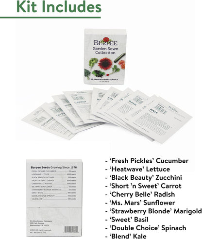 Burpee Garden Sown Flower, Herb & Vegetable 10 Packs of Non-GMO Basil, Lettuce, Cucumber, Radish, Spinach, Kale, Zucchini, Sunflower & Marigold, Seeds for Planting
