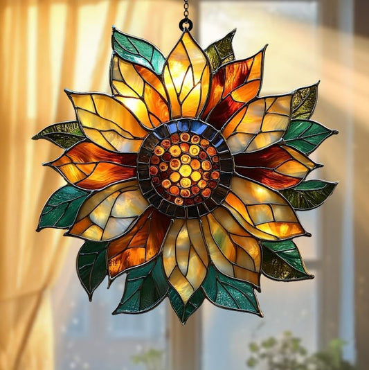 Golden Sunflower Acrylic Suncatcher Stained Glass Effect Window Car Hanging Christmas Ornament
