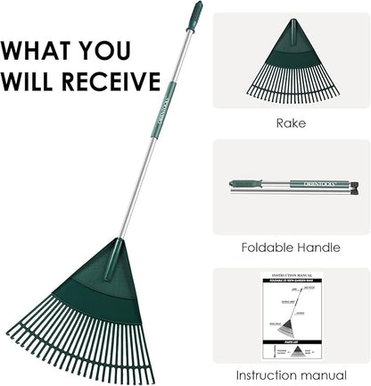 ORIENTOOLS Garden Leaf Rake, Garden Rakes for Lawns Leaves with 65.7" Foldable Handle Rake, 26 Strong Tines Plastic Head Shrub Rake, Yard Garden Rake for Lawns, Grass, Flower Beds Leaves Cleaning