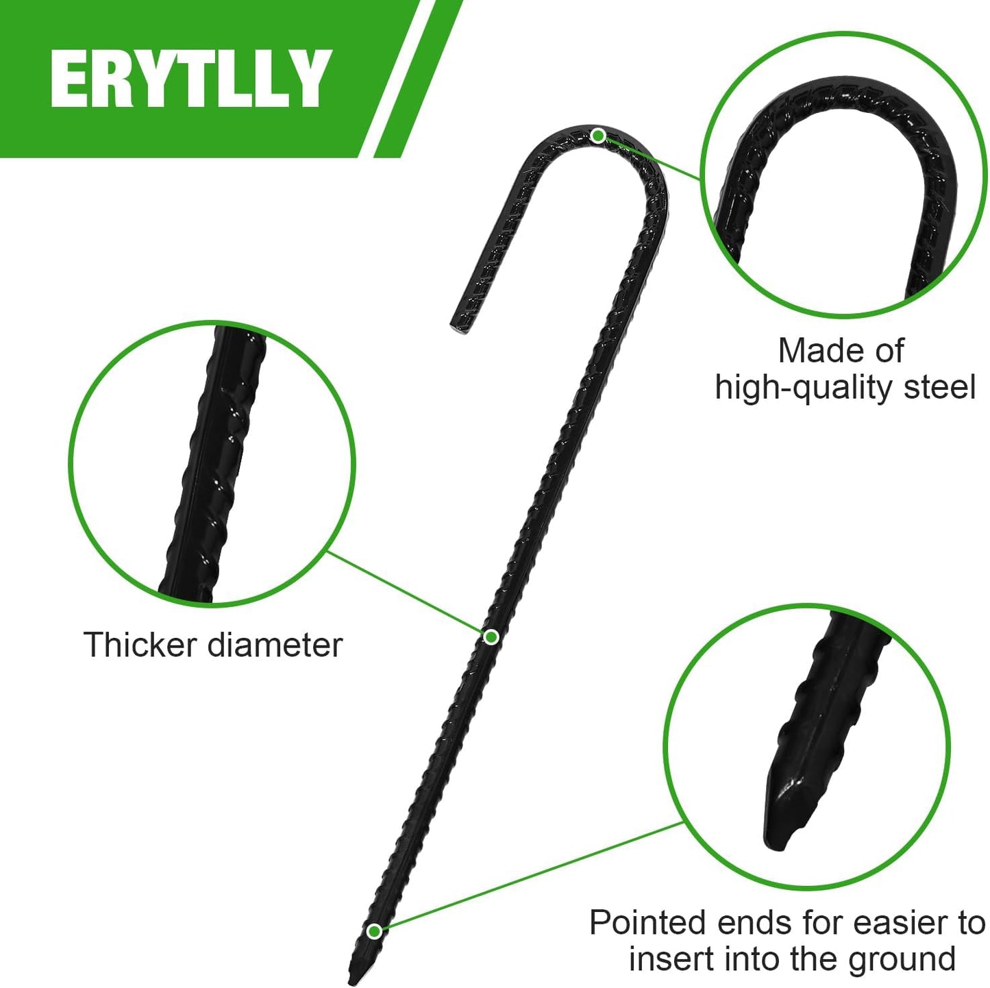 ERYTLLY 12In Rebar Stakes J Hook Heavy Duty Galvanized Metal Stakes for Ground Barrel Soil Tent Swing Set Anchors Fence Stakes Curved Steel Plant Support Garden Stakes with Hooks（12in 8pk）