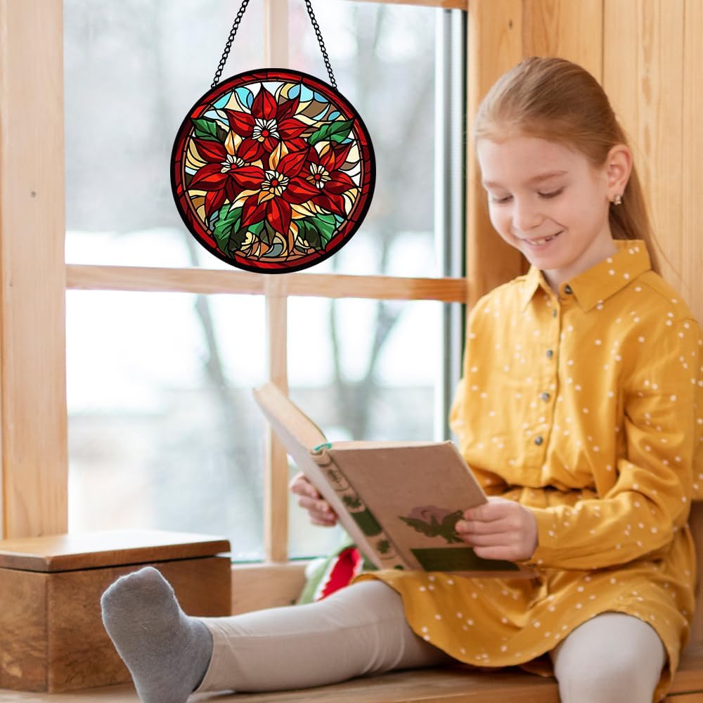 Red Flower Stained Glass Window Hanging, Hanging Sun Catcher Ornament, Red Flower Botanical Glass Panel, Window Ornament for Indoor Outdoor, Gifts for Christmas Housewarming, Birthday Party, Wedding