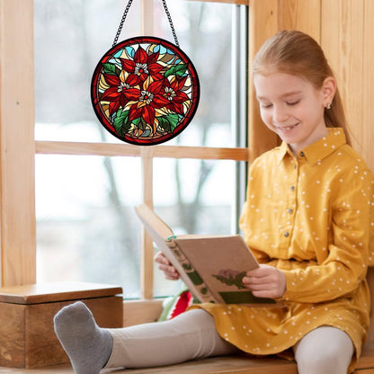 Red Flower Stained Glass Window Hanging, Hanging Sun Catcher Ornament, Red Flower Botanical Glass Panel, Window Ornament for Indoor Outdoor, Gifts for Christmas Housewarming, Birthday Party, Wedding