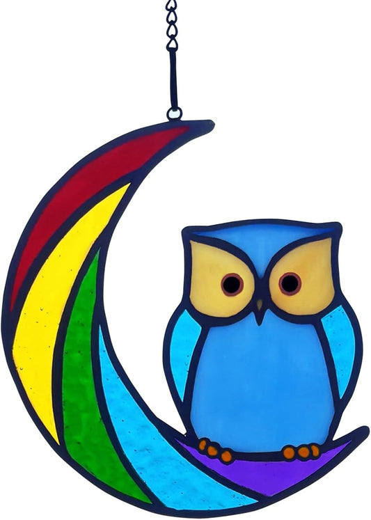 Stained Glass Owl Suncatcher Window Hanging Ornament, Stained Glass Birds Suncatcher for Window