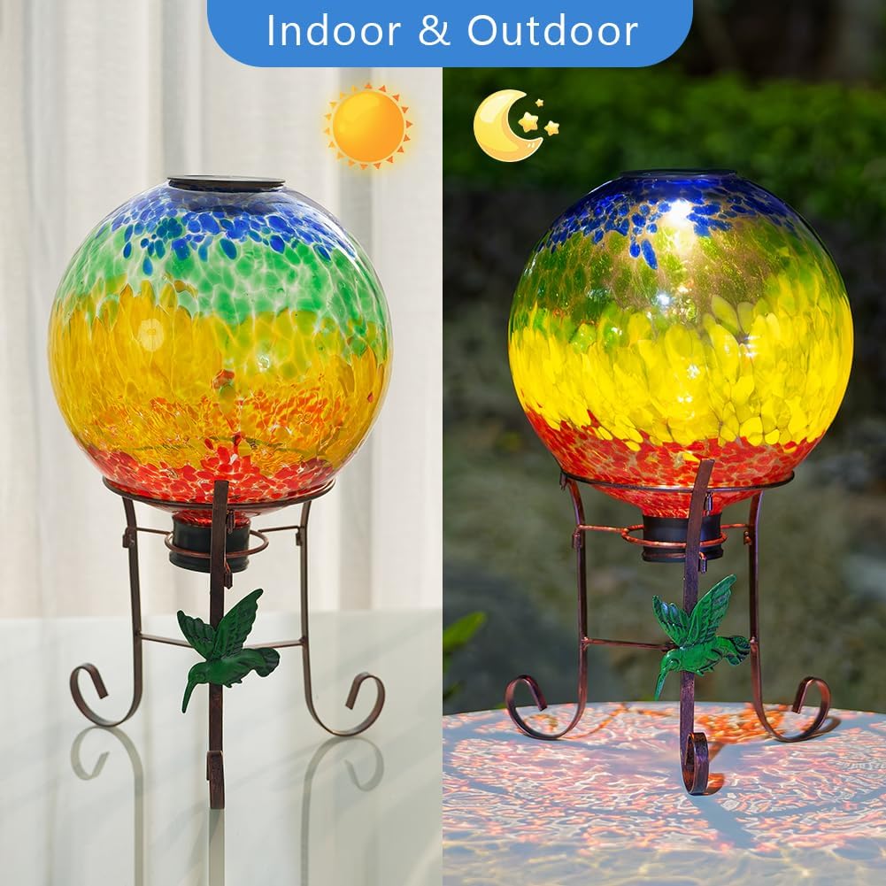 Stargarden Solar Powered Gazing Ball, 10 Inch Glass Gazing Globe, Decorative Gazing Balls with Metal Ball Stand, Colorful Solar Globes for Patio, Lawn, Garden Decor