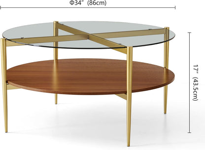 Extra Large Round Coffee Table, Mid-Century Modern Design, D34 x H17 in, for Living Room, 2-Tier Structure, Clear Glass Top and Walnut MDF Shelf, Sleek Conical Metal Legs with Gold Finish