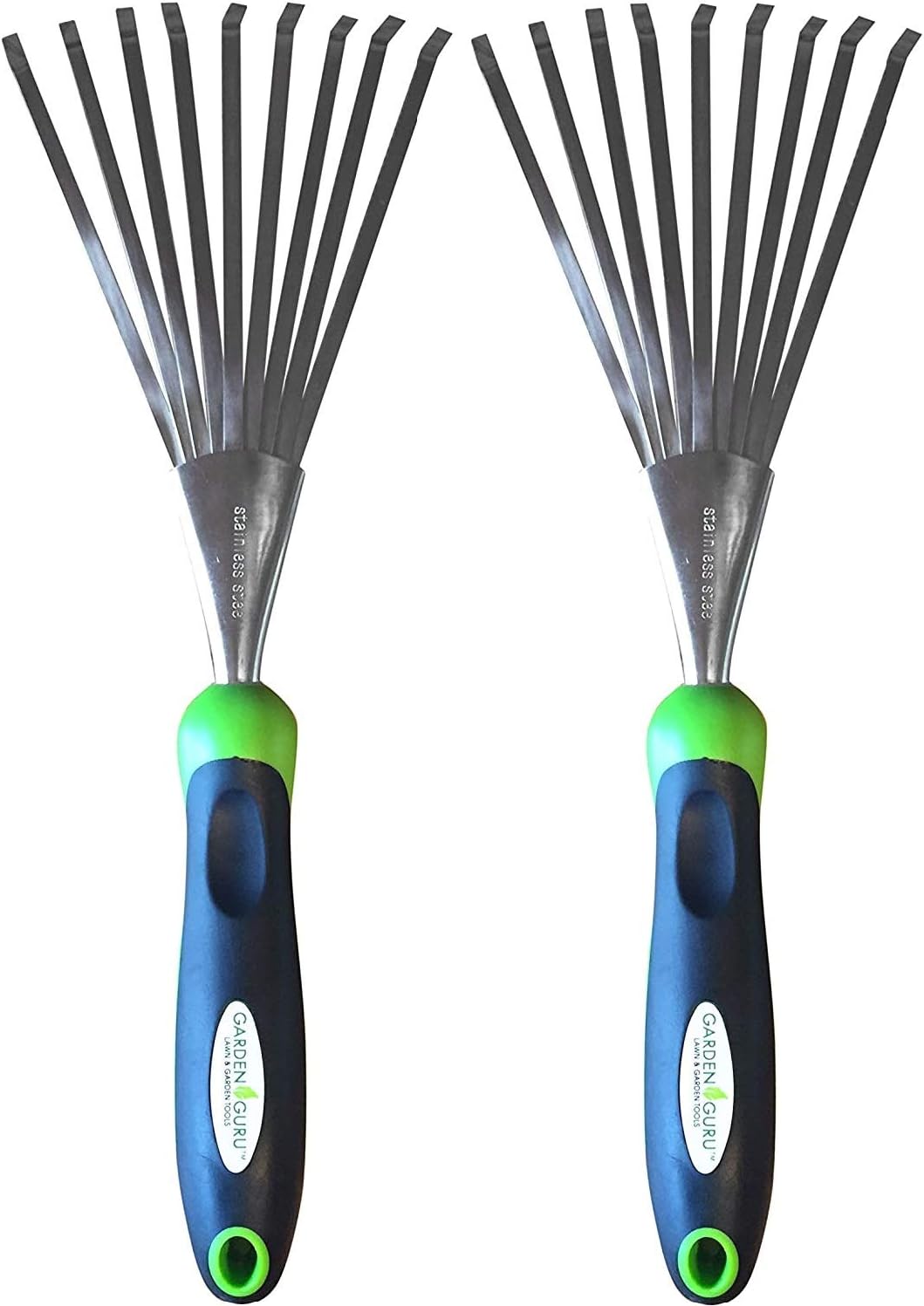 Garden Guru Stainless Steel Hand Rake Soil Tiller with Ergonomic Handle, Great for Gardening, Cultivating, Loosening Soil & Spreading Mulch (2 Pack)