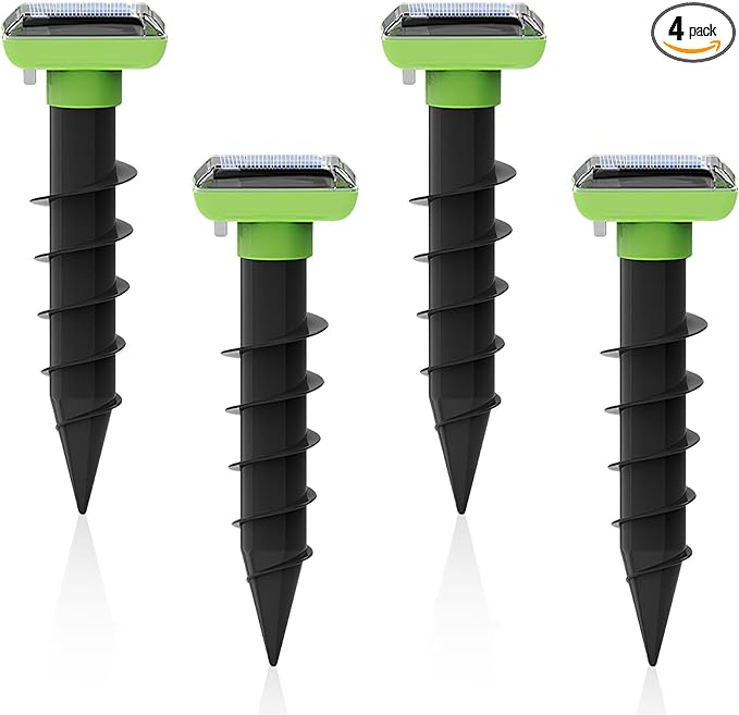 Solar Garden Device – 4 Pack, IP66 Waterproof, Solar Rechargeable, Covers up to 75 sq. ft., Quick 2-Hour Charge, 8–10 Hours Operation, Weather-Resistant Lawn & Garden – eco-Friendly Lawn Spikes,
