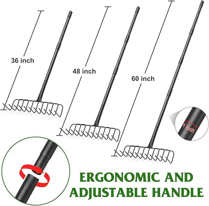 Garden Rake for Leaves, 60 Inch Heavy Duty Rakes for Lawns Yard Mulch Gathering, Metal Thatch with Adjustable Handle, Wide Bow Rake Head for Grass Deribs
