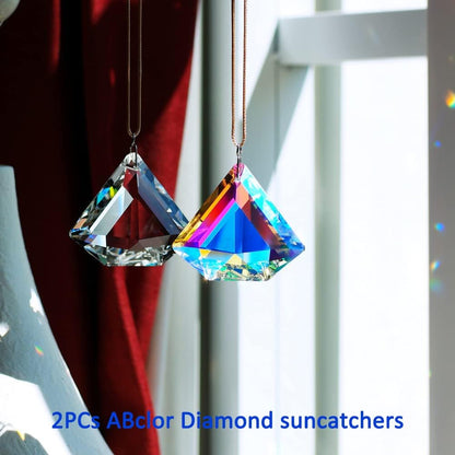 2PCS Clear Diamond Crystal Sun Catcher Prisms, STINO Hanging Suncatchers with Glass Prism, Rainbow Maker for Windows, Balcony, Kitchen, Garden Decoration (1, Diamond ABColor 2Pcs)