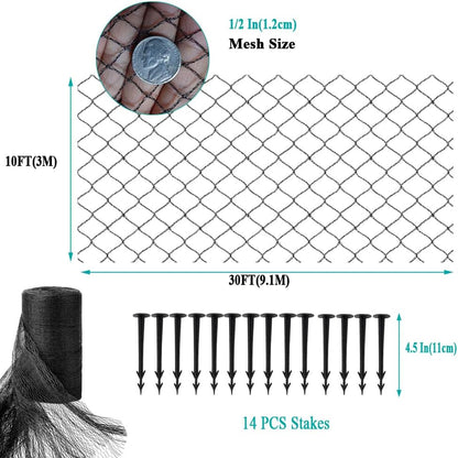 Koi Pond Netting for Leaves 10x30 Ft, 1/2 in Strong Woven Fine Mesh Pond Leaf Net Cover, Protecting Koi Fish from Herons, Raccoons, Birds, Cats & Predators, 14 Pcs Stakes Included