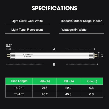 VIVOSUN T5 Grow Light Bulbs 4 Ft 46 Inches, 54W 6500K HO Fluorescent Tubes Light Bulbs, Cool White T5 Bulb for 46 Inches T5 Light Fixtures, T5 Grow Lights for Indoor Plants, 4 Ft 54W Pack of 5