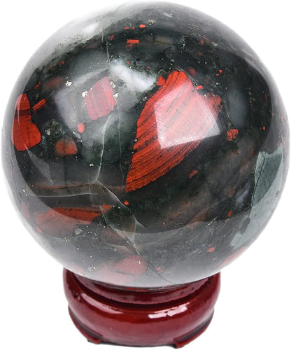 JIC Gem Real Quartz Crystal Sphere Ball African Bloodstone Healing Crystal Ball with Decoation Stand for Fengshui Meditation Ball (60-70mm)