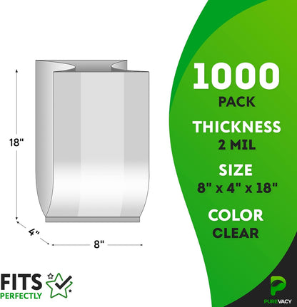 Gusseted Plastic Bags, 8 x 4 x 18 Inches. Pack of 1000 Clear Gusseted Poly Bags. 2 Mil Polyethylene Flat Bottom Bag with Side Gusset. Plastic Bread Bag. Clear Baggies for Treats