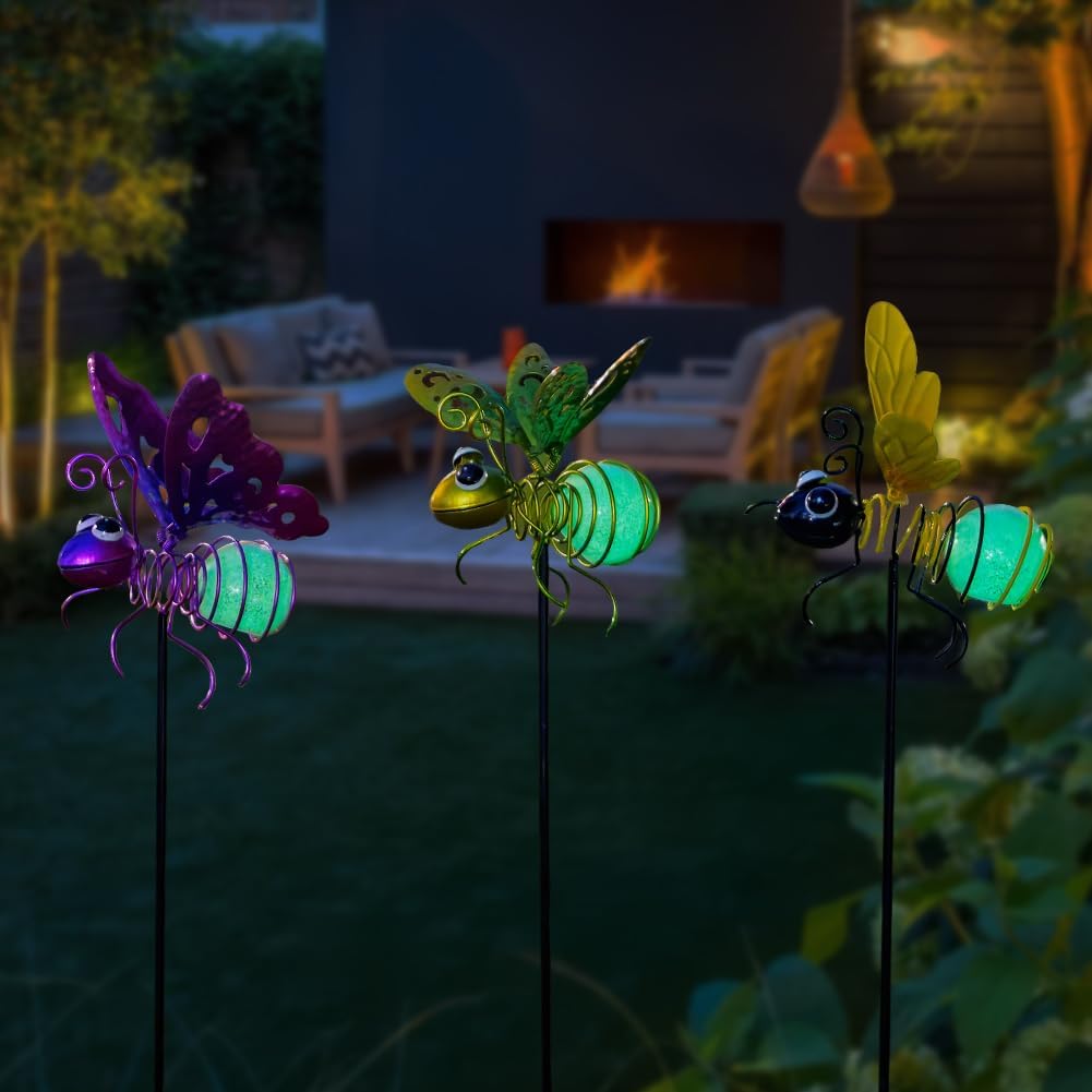 Garden Decor for Outside,3 Pcs Insect Garden Decorative Stakes,Glow in The Dark Bee Metal Yard Art,Waterproof Outdoor Spring Lawn Patio Pathway Decoration for Mom,Women,Grandma
