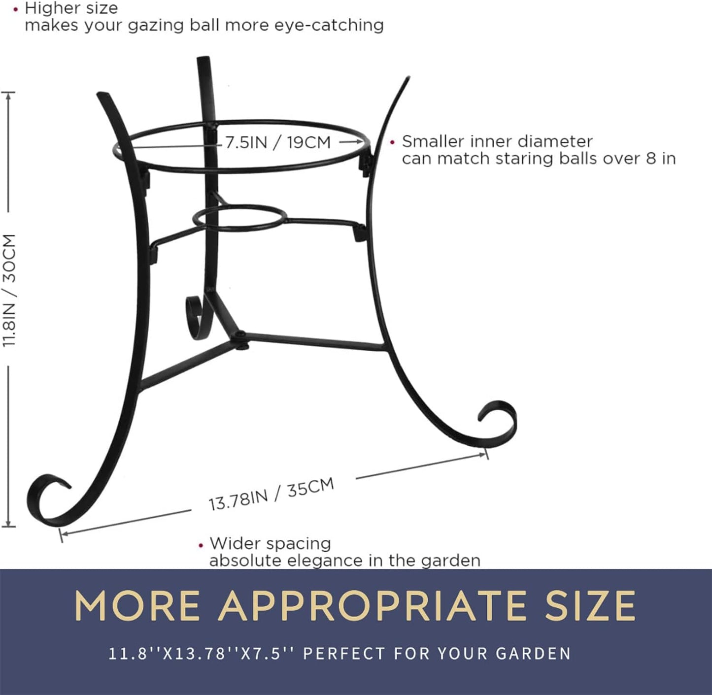 12" Tall Iron Gazing Ball Stand, Classic Stylelish Garden Hardware Metal holder for 8/10/12-Inch, Strong and Durable handmade Gazing Globe Display Stand Decoration for Outdoor, Home, Yards