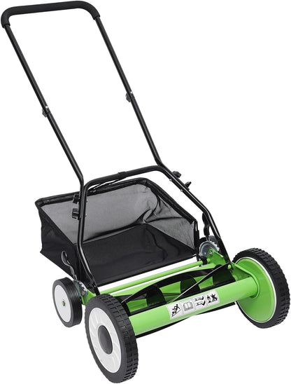 16 Inch 5-Blade Push Reel Lawn Mower, Cordless Manual Lawn Mower with Grass Catcher, Adjustable Cutting Height, Walk-Behind Lawn Mowers for Yard, Garden