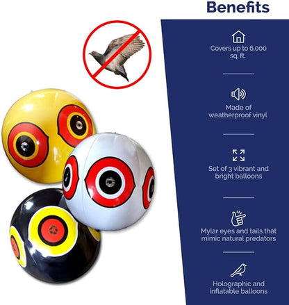 Bird-X Scare-Eye Balloons, Predator 3D Eye Balloons with Glaring, Bright Colors, Cover up to 6,000 sq. ft. Area, Pack of 3, Yellow, White, and Black