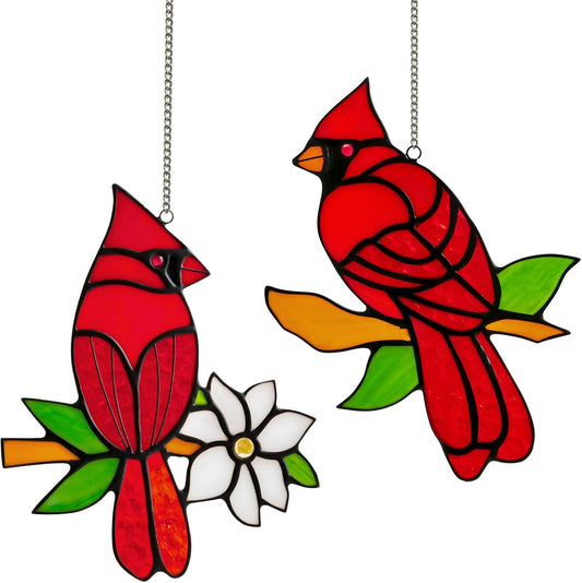 2-Pack Handmade Cardinal Stained Glass Window Hanging Suncatchers – Memorial Gifts for Women, Bird