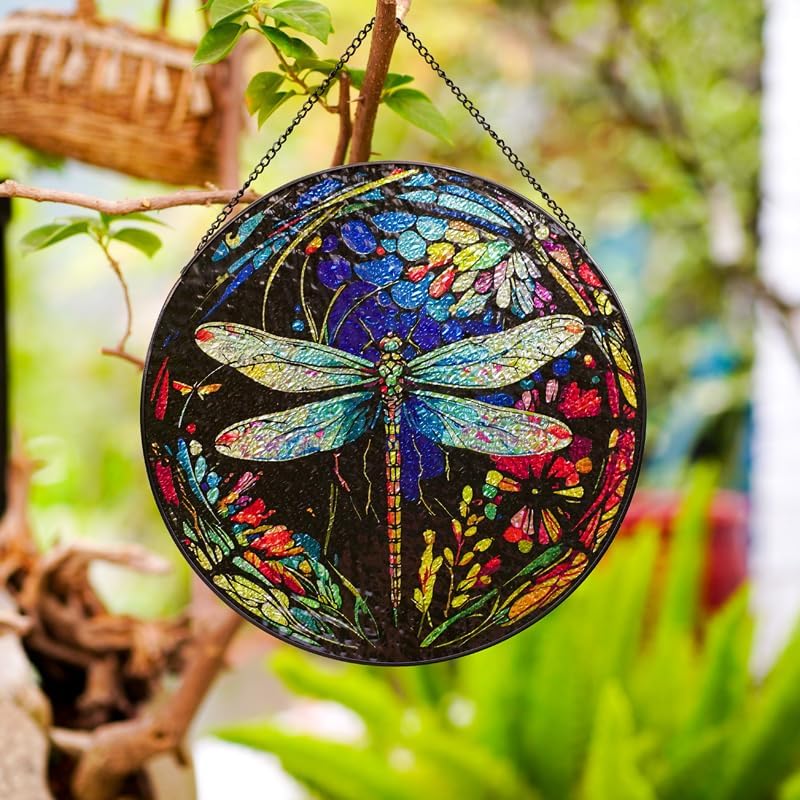 12" Stained Glass Window Hanging Suncatcher,Large Dragonfly Pattern Handmade Stained Glass Painted,Suncatchers for Windows,Hand Dragonfly Suncatcher Window Decorations,Include Metal Chain