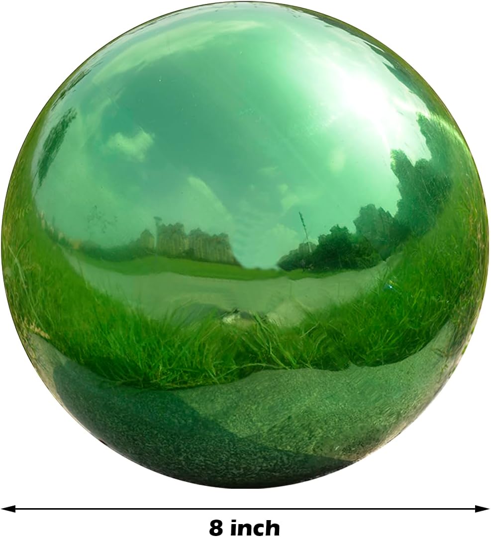 Nerien 8 Inch Gazing Ball, Stainless Steel Garden Mirror Globe, Polished Ornament Sphere, Hollow Floating Reflective Hemisphere, Home Outdoor Pond Housewarming Swimming Pool Decoration Gift, Green
