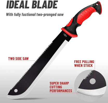 Machete with Saw - 19” Heavy Duty Tool & Sheath - Ergonomic No-Slip Handle - Survival Knife with Serrated Blade - Machetes for Bushcraft Hunting Garden Cutting Trees and Yard Work