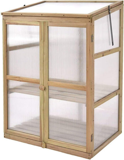 Moccha Greenhouse Wooden Cold Frame, Portable Garden Flower Planter with Removable Shelf and Hinges, Raised Cold Frame with Foldable Top and Side Doors for Outdoor, Porch, Backyard, Balcony