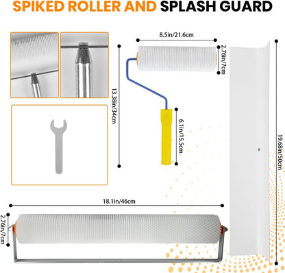 Complete Self Leveling Cement Tool Kit, Professional Epoxy Floor Kit Tools with Spiked Roller with Splash Guard, Spike Shoes, Paint Roller, Trowel, Scraper & Extension Pole