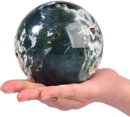 Large Moss Agate Crystal Sphere Natural Healing Crystal Ball with Stand Meditation Decorative Balls Home Decor 100-110mm/3.9-4.3"