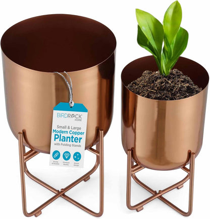 BIRDROCK HOME 2pc Modern Planter with Stand - Elevated Plant Holder for Indoor/Outdoor Use - Sturdy Black Floor Standing Pot Stand for Houseplants, Trees, and Flowers - Small Large - Copper