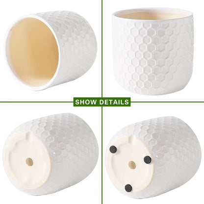 Docrin Plant Pots Indoor with Drainage: 6.4+5.3+4 Inch Ceramic Flower Pots for Plants - Set of 3 Modern Decorative Planters for House/Office/Gift - White Honeycomb