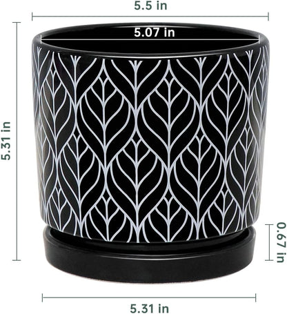 Ton Sin Flower Pots,5.5 Inch Black Ceramic Planter with Drainage Hole,Indoor Cylinder Plant Pots with Saucer,Cactus Succulent Outdoor Garden Pots Set of 4