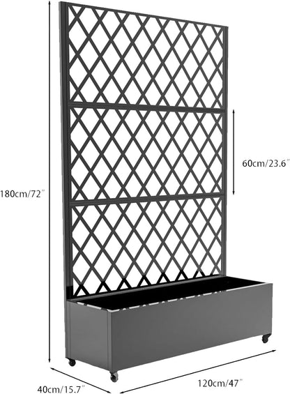 Metal Planter Box, with Diamond Lattice Trellis Planter Box, for Climbing Plants and Vines, Galvanized Raised Garden Bed on Wheels, Garden Bed with Trellis(72 in x47 in Black)