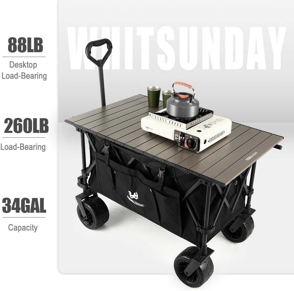 Whitsunday Collasible Wagon, Large Capacity 400Lbs, All-Terrain Wheels Heavy Duty Utility Wagon for Gardening Shopping Fishing Camping Outdoor Picnic Black