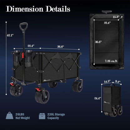 MOON LENCE Large Collapsible Foldable Wagon Cart, 220L Heavy Duty Folding Utility Wagon with All-Terrain Big Wheels, Suiitable for Garden, Grocery, Shopping, Camping, Beach, Picnics