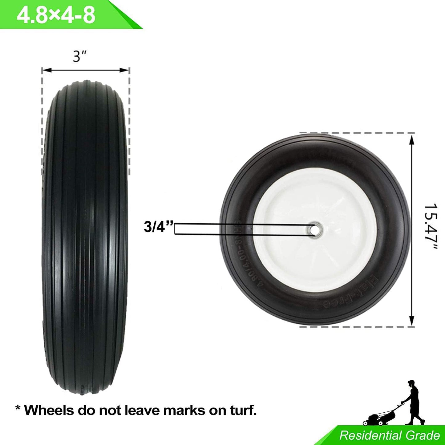Set of 2 Wheelbarrow Tire 4.80/4.00-8 Flat-Free with 3/4 & 5/8 Wheel Bearing, 3-6" Hub 16" Solid Rubber Wheel Barrel Tires Non-Slip for Yard Cart Garden Wagon (Black)